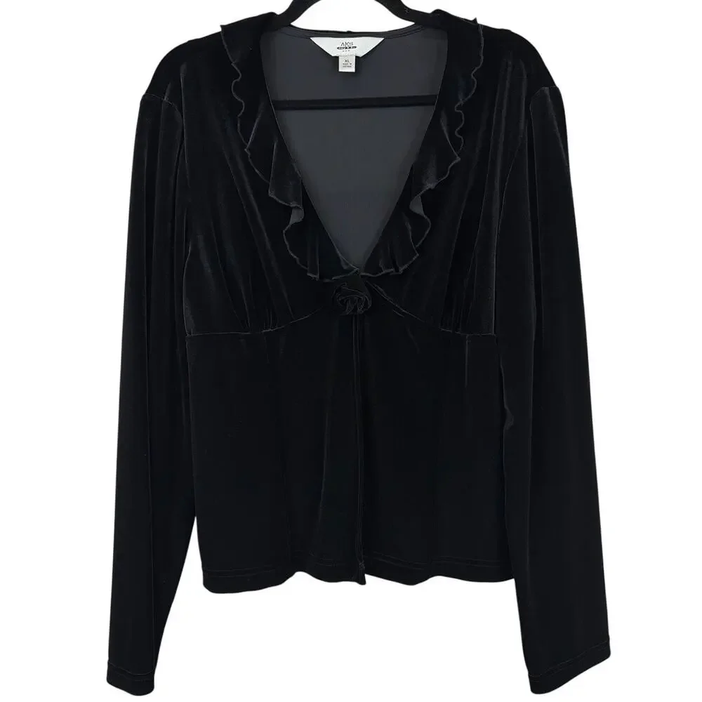 NWT AKS by Amy K Su Black Velvet Ruffled Collar Deep V Neck Top Size XL